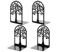 ASelected 4 sujetalibros de metal pesado, dos pares de sujetalibros negros en forma de L con alfombrilla antideslizante, diseño único de árbol decorativo para el hogar, oficina, biblioteca, estantería