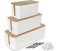 ASelected Juego de 3 cajas de cables de color blanco con tapa de madera para cables, grandes y pequeños cables de gestión de cables, adaptadores, regletas, cables ocultos caja