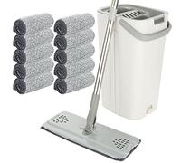 ASelected Juego de fregona Plana y Cubo, mopa Manos Libres con 10Almohadillas de Microfibra Reutilizables y Mango de Acero Inoxidable de 123cm de Largo, mopa de Microfibra para Azulejos,mármol,White