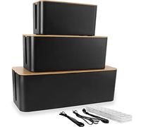 ASelected Lote de 3 Cajas Oculta Cables, Gran Caja de Almacenamiento de Cables Eléctricos con Tapa de Madera, Caja Oculta Regletas para Protección de Cables y Tomas Eléctricas