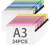 ASelected Pack de 24 Carpetas Plástico a4 Bolsas Zip A3 con Cremallera, Bolsas Zip Transparentes de PVC Malla, 12 Colores Variados, Portadocumentos para Oficina y Colegio