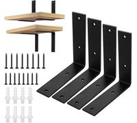 ASelected Pack de 4 Escuadras para Estanterías 200x200 Mm, Escuadras Metálicas Negras, Soporte Estantería Pared Negro Mate con Tornillos para Baldas de Madera