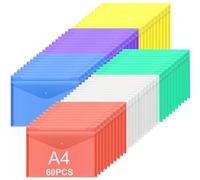 ASelected Pack de 60 Sobres Documentos A4 de Colores con Broche, Carpetas Plástico Colores Transparentes para Clasificar por Proyecto, Carpeta con Broche A4 para Oficina y Escuela