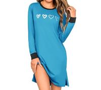Aseniza Camisón Mujer Algodón Manga Larga Invierno Camisones con Cuello Redondo Ropa de Dormir B#Azul S