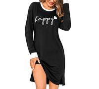 Aseniza Camisón Mujer Algodón Manga Larga Invierno Camisones con Cuello Redondo Ropa de Dormir Negro XL