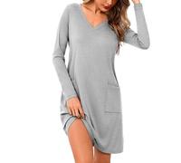 Aseniza Camisón Mujer Manga Larga Algodón Pijama Invierno Camisones con Cuello en V Ropa de Dormir con Bolsillo Gris L