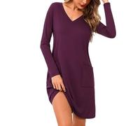 Aseniza Camisón Mujer Manga Larga Algodón Pijama Invierno Camisones con Cuello en V Ropa de Dormir con Bolsillo Púrpura L
