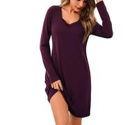 Aseniza Camisón Mujer Manga Larga Algodón Pijama Invierno de Encaje Camisones con Cuello en V Ropa de Dormir Púrpura XL