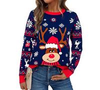 Aseniza Jersey Navidad Mujer Suéter de Punto Manga Larga Jerseys Navideños Ugly Christmas Sweater Invierno Cuello Redondo Patrón de Fawn