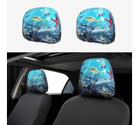 ASFgda 2 fundas coloridas para reposacabezas de coche, diseño 3D de naturaleza escénica del mar bajo el agua de peces tropicales, protector de reposacabezas flexible reutilizable, fundas universales