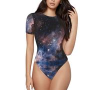ASFgda Body de manga corta con estampado de galaxia del universo del universo Milky Way para mujer, cuello redondo, elástico, ajustado, camiseta básica de verano, Negro, L