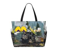ASFgda Bolsa de playa con estampado de tren de vapor, impermeable, a prueba de arena, gran capacidad, ligera, plegable con cremallera