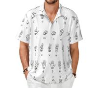 ASFgda Camisa hawaiana de manga corta con botones para hombre, estilo informal, con botones, con letras del alfabeto y lengua de señas, con bolsillo, Negro, M