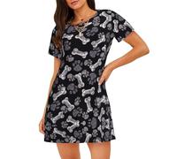 ASFgda Camisón con estampado de huellas de perro para mujer, camisón suave, ropa de dormir de manga corta, holgada, cómoda, S-Xxxl, Negro, S