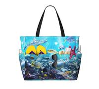 ASFgda Colorida bolsa de playa con estampado 3D de naturaleza escénica del mar bajo el agua de peces tropicales, bolsa de playa impermeable a prueba de arena, bolsa de mano de gran capacidad, ligera