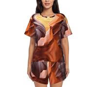 ASFgda Conjunto de pijama con estampado de Antelope Canyon para mujer, camiseta de manga corta suave, pantalones cortos, ropa de dormir con cuello redondo, conjunto de descanso con bolsillos, Negro, L