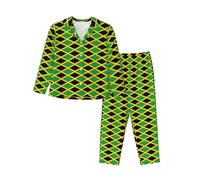ASFgda Conjunto de pijama con estampado de bandera de Jamaica para mujer, conjunto de pijama de manga larga con botones, conjuntos de descanso con bolsillos, Negro, L