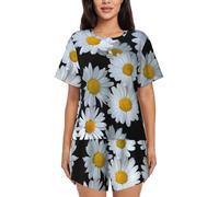 ASFgda Conjunto de pijama con estampado de margaritas blancas para mujer, camiseta de manga corta suave con pantalones cortos, cuello redondo, conjunto de descanso con bolsillos, Negro, XL