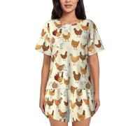 ASFgda Conjunto de pijama con estampado de una cría de pollos para mujer, camiseta de manga corta suave, pantalones cortos, ropa de dormir con cuello redondo, conjunto de descanso con bolsillos, Negro