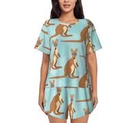 ASFgda Conjunto de pijama divertido para mujer con estampado de zoológico de canguro, camiseta de manga corta suave y pantalones cortos para dormir con cuello redondo, conjunto de descanso con