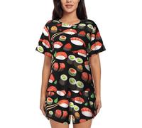 ASFgda Conjunto de pijama japonés con estampado de camarones sushi para mujer, camiseta de manga corta suave, pantalones cortos, ropa de dormir con cuello redondo, conjunto de descanso con bolsillos