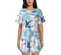 ASFgda Conjunto de pijama para mujer con estampado de ballenas marinas y medusas, camiseta de manga corta suave con pantalones cortos y cuello redondo, conjunto de descanso con bolsillos, Negro, L