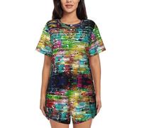 ASFgda Conjunto de pijama para mujer con estampado de ladrillos coloridos de graffiti, camiseta de manga corta suave y pantalones cortos con cuello redondo, conjunto de descanso con bolsillos, Negro