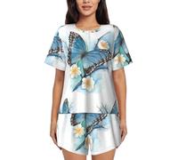 ASFgda Conjunto de pijama para mujer con estampado de mariposa azul en flor, camiseta de manga corta suave con pantalones cortos, cuello redondo, conjunto de descanso con bolsillos, Negro, L