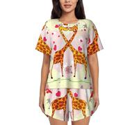 ASFgda Conjunto de pijama para mujer, diseño de jirafa, corazón, flor, mariposa, camiseta de manga corta, pantalones cortos y cuello redondo, conjunto de descanso con bolsillos, Negro, S