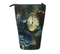 ASFgda Estuche para lápices con diseño de mariposa y reloj de pie, estuche telescópico para bolígrafos, portalápices portátil, bolsa de almacenamiento para cosméticos