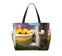 ASFgda Islandia - Bolsa de playa con estampado de cascada, río y atardecer, impermeable, a prueba de arena, bolsa de playa de gran capacidad, ligera, plegable con cremallera