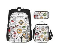 ASFgda Juego de mochila escolar con estampado de símbolos de salsa mexicana con bolsa de almuerzo, estuche para lápices, duradero, ligero, gran capacidad para uso diario escolar