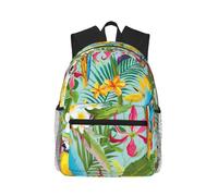 ASFgda Mochila clásica básica de viaje con estampado de plantas tropicales y loros, mochila escolar universitaria, mochila impermeable casual para la universidad, viajes y trabajo