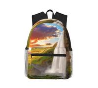 ASFgda Mochila clásica básica para viajes, Islandia, cascada, río, campo, puesta de sol, mochila escolar, mochila impermeable para la universidad, viajes, trabajo