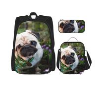 ASFgda Pugs in The Garden - Juego de mochila escolar con bolsa de almuerzo y estuche para lápices, duradera, ligera, gran capacidad para uso diario escolar