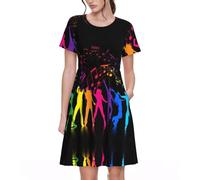 ASFgda Vestido casual de verano para mujer, de manga corta, cuello redondo, acampanado, con estampado musical, con bolsillos, longitud a la rodilla, Negro, XXL