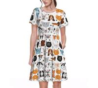 ASFgda Vestido casual de verano para mujer, de manga corta, cuello redondo, acampanado, estampado de gato y perro, con bolsillos, longitud a la rodilla, Negro, M