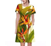 ASFgda Vestido de verano casual de manga corta con cuello redondo para mujer, estampado tropical de ave del paraíso, con bolsillos, longitud a la rodilla, Negro, S