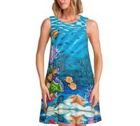 ASFgda Vestido de verano para mujer, con estampado de tortuga marina, peces tropicales, estrellas de mar, casual, holgado, cuello redondo, sin mangas, con bolsillos, Negro, S