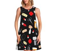 ASFgda Vestido de verano para mujer, estampado de dibujos animados, estampado de medicina, casual, holgado, cuello redondo, sin mangas, con bolsillos, Negro, S
