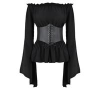 ASFWAGQ Blusa medieval para mujer, gótica, steampunk, parte superior, ropa medieval, disfraz renacentista, con cinturón, hombros descubiertos, mangas de trompeta, para carnaval, pirata, cosplay