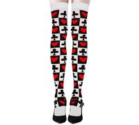 ASFWAGQ Damen Spielkarten Overknees Opaque Hold-ups Kostüm-Strümpfe Herzkönigin Strümpfe Halterlose Cosplay Herzdame Poker Kniestrümpfe für Karneval Mottoparty Fasching Accessoire zubehör Rot 25 cm