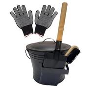 Ash Bucket with Lid, Charcoal Bin Brush Set, Metal Ash Can with Gloves, Fire Pit Cleaning, Wood Stove Grill, Indoor Outdoor Farmhouse Backyard