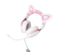ASHATA Auriculares para Juegos de PC, Auriculares con Cable con Controladores de 50 Mm y Luces de Micrófono RGB y Cómodas Tierras de Espuma de Memoria para (Rosa Blanco con decoración de Orejas de