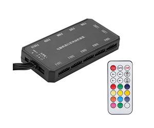 ASHATA Concentrador de Ventilador Integrado de 12 Puertos, Que Alimenta hasta 10 Ventiladores, Ventiladores RGB y Controlador de Tira de LED con Control Remoto, Controlador de