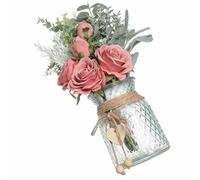 ASHATA Flores Artificiales con Jarrón de Cristal para Decoración Minimalista del Hogar, Centro de Mesa con Ramo de Rosas Artificiales de 35x25cm (Rosado Oscuro)