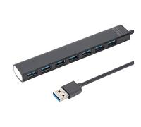 ASHATA Hub USB 3.0, Divisor de transmisión de Alta Velocidad 7 en 1 Negro, Adaptador de Red portátil de 5 GB con Fuente de alimentación LED Azul, admite Intercambio en Caliente, Plug and Play