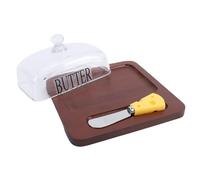 ASHATA Mantequera de Vidrio con Tapa, Tapa de Vidrio Transparente con Asa, Recipiente Sellado con Ranura Profunda, Incluye Cortador de Mantequilla de Acero Inoxidable, para Encimera (Marron oscuro)