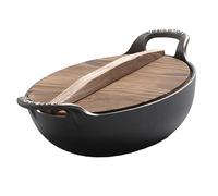 ASHATA Wok de Hierro Fundido, Sartén sin Revestimiento Presazonada de 12,6" con Doble Asa y Tapa de Madera Pesada, para Horno, Estufa, Parrilla, Fogata, Cocina en Interiores y (32 cm/12,6 pulgadas)