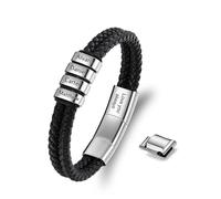 Ashleymade Pulsera de Cuero para Hombre Personalizada con Nombre Pulsera Grabada de PU y Acero Inoxidable para Papá Esposo Regalo Día del Padre Cumpleaños Navidad (Plata-4 nombre)